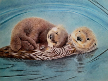 Seeotter Junges schläft auf seiner Mutter, die im Wasser treibt